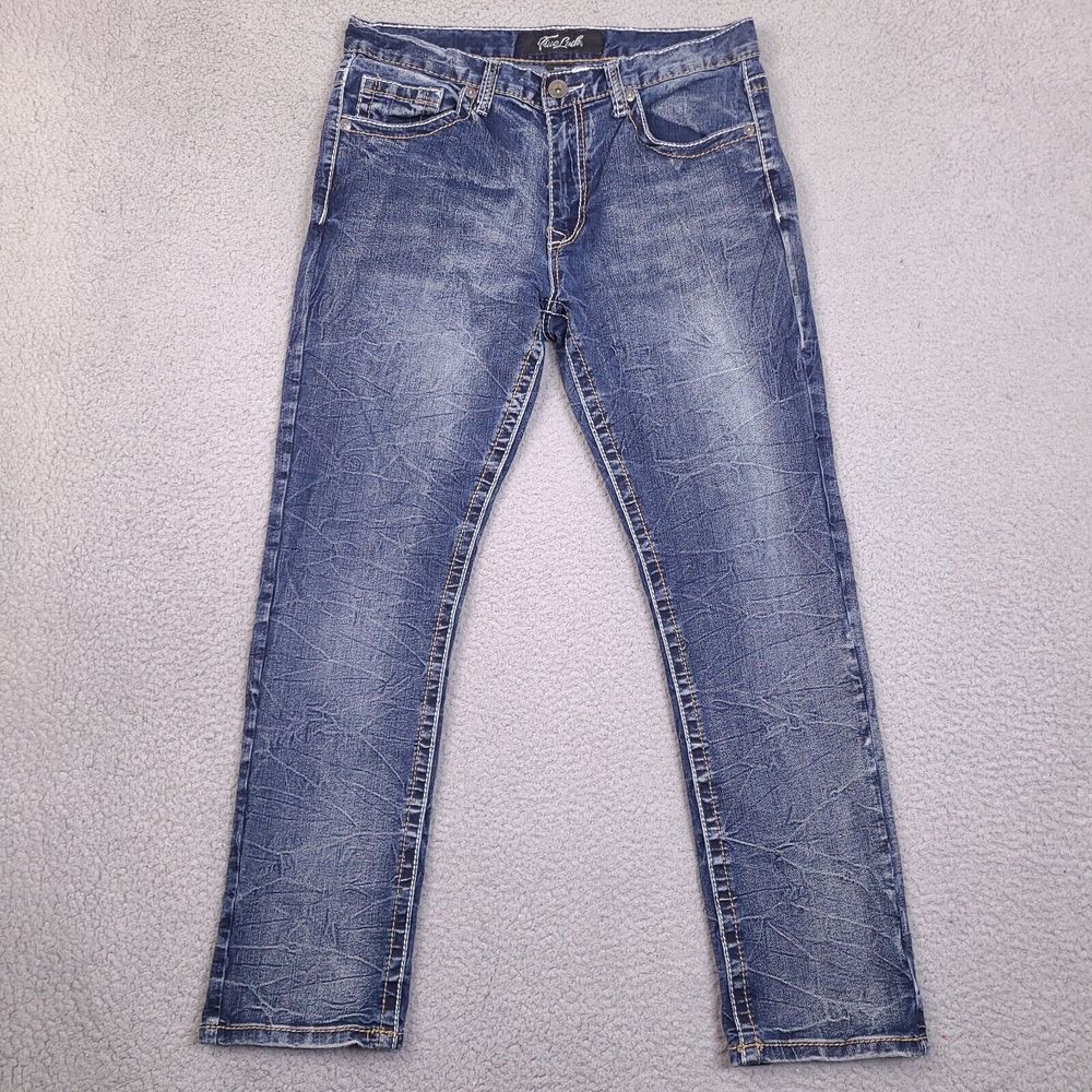 True Luck Jeans Men 34x29 Blue Straight Leg Faded Whiskered Denim Western Cowboy